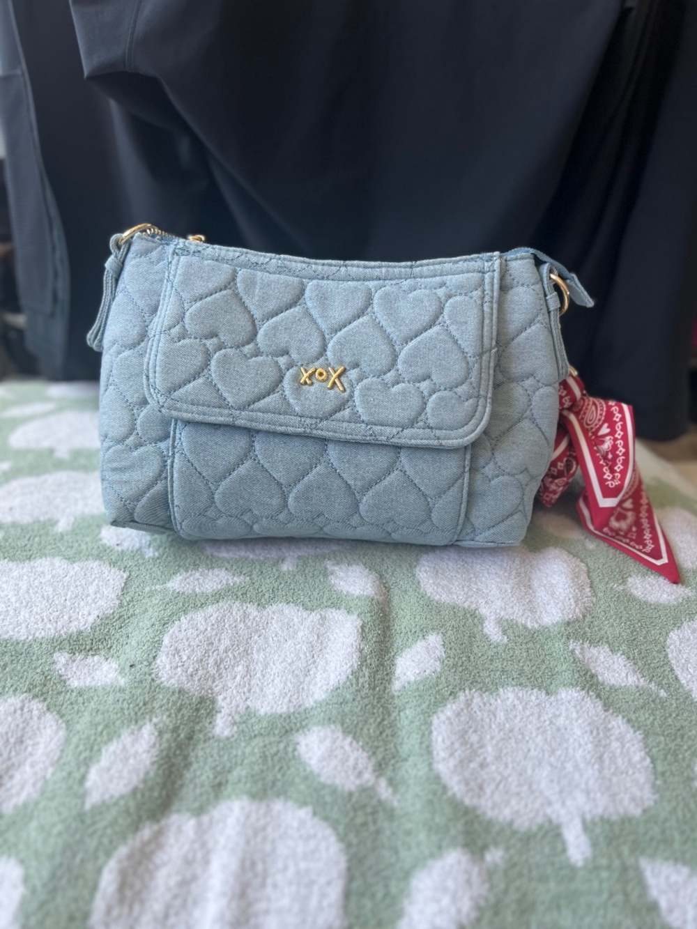 Betsey Johnson Quilted Heart Jeans Shoulder Bag in Light Blue with red bandana